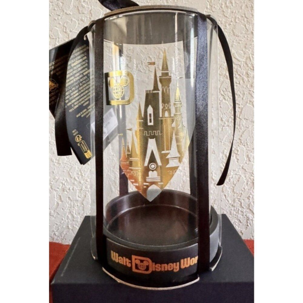Disney Parks Cinderella Castle WDW Hurricane Candle Holder Black Gold NWT Gift